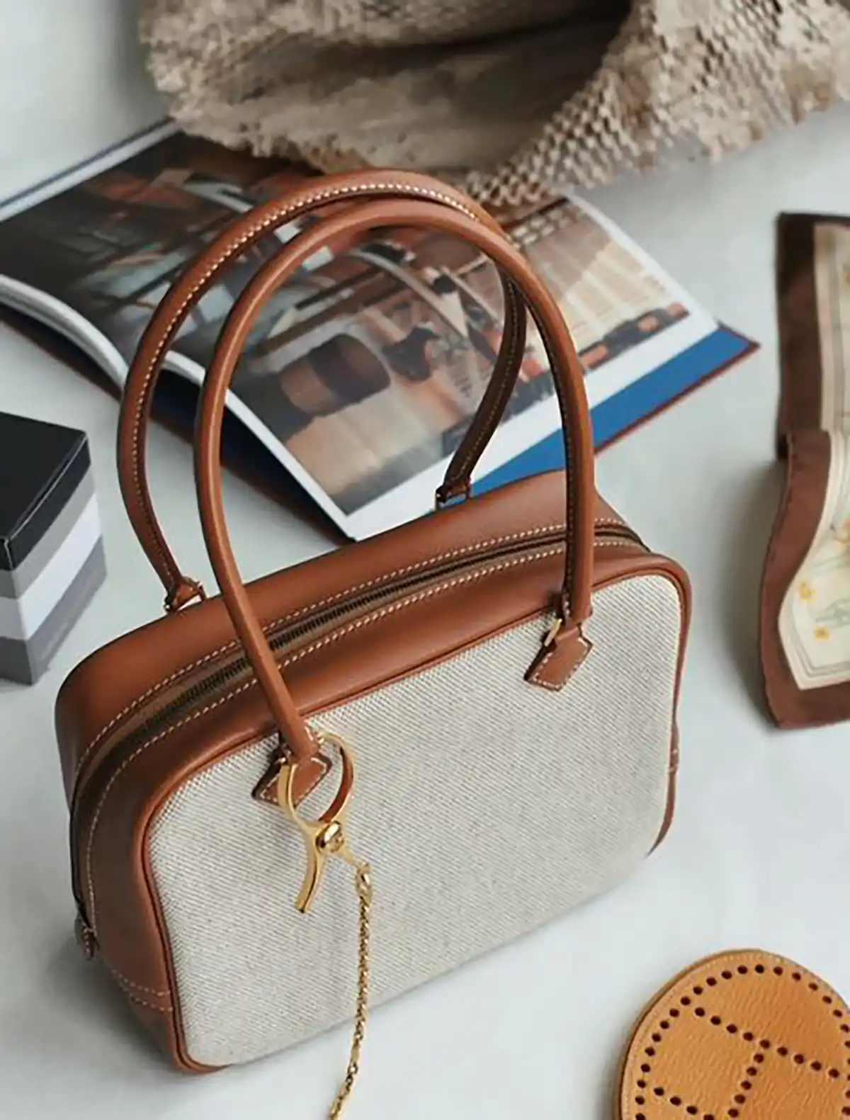 کیف دستی کرم قهوه ای شیک زنانه